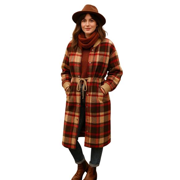 Davi & Dani Red Plaid Button Down Tie Waist Long Shacket Jacket Cardigan Medium - Picture 1 of 10